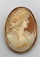 Carved Shell Cameo Pin 585 14K Gold Marked KB