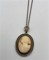 Shell Carved Cameo Pendant on Sterling Chain