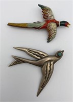 Pair of Bird Pin Brooches Incl Sterling Turquoise