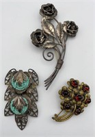 Scarf Clip & Pin Brooch Lot Including Sterling