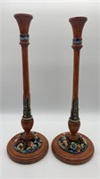 Hand Painted Carved Wooden Floral Candlesticks