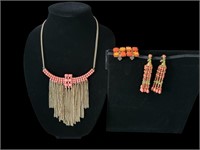 Vintage Coral Choker Necklace & Clip-On Earrings