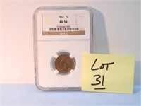1862 Indian Head Cent, NGC Cert. AU-58