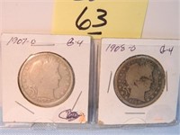 (2) 1907o, 1908o Barber Half Dollars, G-4