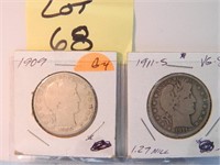 (2) 1909, 11s Barber Half Dollars, G-4, VG-8