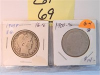 (2) 1909, 09s Barber Half Dollars, VG-8, G-4