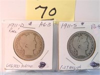 (2) 1911D, 11s Barber Half Dollars, AG-3, VG-8