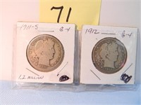 (2) 1911s, 12 Barber Half Dollars, G-4