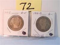 (2) 1912, 12s Barber Half Dollars, G-4