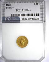 1855 T-2 Gold $1 PCI AU-55+ LISTS FOR $800