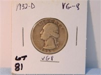 1932D Silver Washington Quarter, VG-8