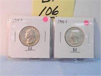 (2) 1944D, 44s Silver Washington Quarters, BU