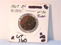 1867 Shield Nickel, "No Rays", Toned VF-20