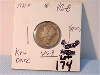 1921 Mercury Dime, VG-8 Key Date