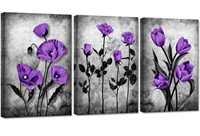 Zlove 3 Pieces Purple Flower Wall Art Rose Poppy
