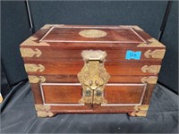 ANTIQUE CHINESE ASIAN WOOD & BRASS JEWELRY CHEST