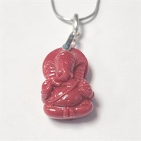 $160 Silver Ganesh Poly Coral 16" Necklace