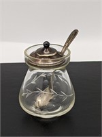Small Clear Cut Glass Jar W/ Sterling Spoon & Lid