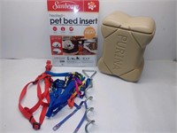 Pet bed insert, leashes/harnesses, treat container