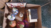 Box of kitchen items including salt and pepper,