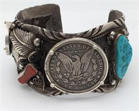Native American Sterling Silver Coin Cuff Bracelet