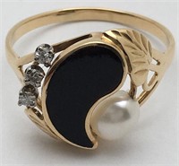 14k Gold, Pearl, Diamond & Onyx Ring