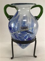 Art Glass Vase With Metal Stand 12" Tall
