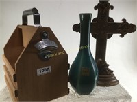 Wood Beer Carrier, Cross,  Turquoise Vase