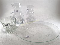 Etched Glass Pitcher, Vases, & Platter