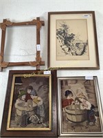 (2) Framed Embroidered Pictures, A Frame, & More