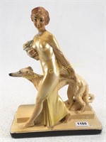 Chalkware Art Deco Woman & Wolfhound Figurine