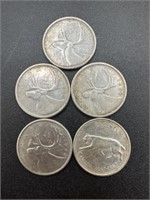 5 Canadian silver quarters 1957, 58, 58, 62 and 67