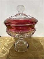 Cranberry flash glass cover pedestal dish 7.5"h