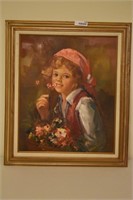 Vintage Signed Oil Painting of Girl With Flowers