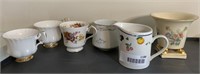 Vintage Lot of 6 Teacups, Creamer, and Vase
