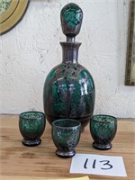 Emerald Green with Silver Overlay Decanter Set