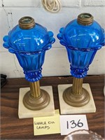 Pair of Whale Oil Lamps with Marble Bases