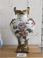 Ornate Porcelain Vase with Cast Iron Base 15"