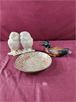 Owls, mallard duck and vintage Japanese plate
