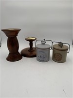 2 canisters & wooden stands