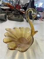 Gold Glass Swan Dish 7"