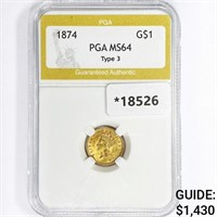 1874 Rare Gold Dollar PGA MS64