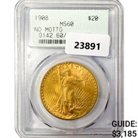 1908 $20 Gold Double Eagle PCGS MS60 No Motto