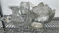 Crystal Handled Basket, Cut Glass Bowl, candle
