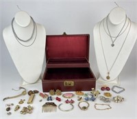 Vintage Costume Jewelry, Box & More
