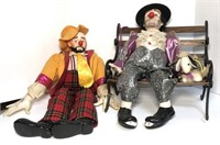 Hobo Clown Cloth & Ceramic Dolls on Bench