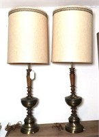 Pair of Brass & Wood Lamps with Canvas