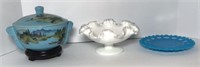 Milk Glass Ruffle Rim Compote, Blue Glass