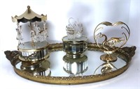 Gold Tone Mirrored Tray & Musical Figurines