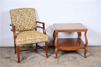 Vintage Upholstered Chair & 2-Tier Side Table